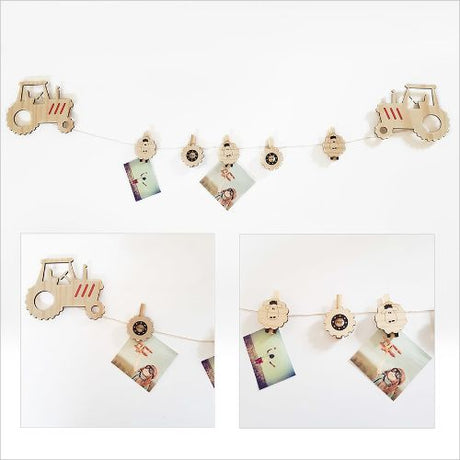 Tractor Art Pegs for displaying kids' artwork and photos, crafted from eco-friendly pine veneer, ready to hang.