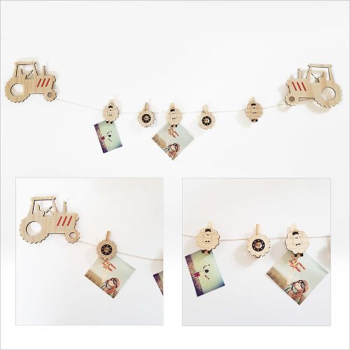 Tractor Art Pegs for displaying kids' artwork and photos, crafted from eco-friendly pine veneer, ready to hang.