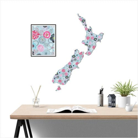Large NZ map wall art featuring a blue floral pattern, crafted from durable Aluminium Composite Material, ready to hang.