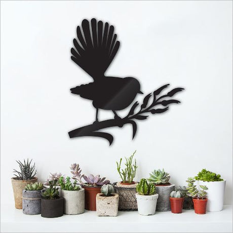 Kiwiana wall art featuring a lively fantail on flax, crafted from durable aluminum composite, ideal for indoor or outdoor display.