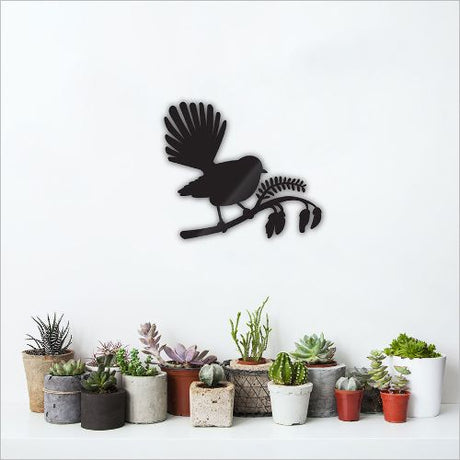 Kiwiana wall art featuring a Fantail bird perched on a Kowhai tree, crafted from durable 4mm Aluminium Composite Material.