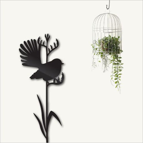 Kiwiana wall art featuring a fantail perched on tall flax, crafted from durable Aluminium Composite Material, 330 x 800mm.