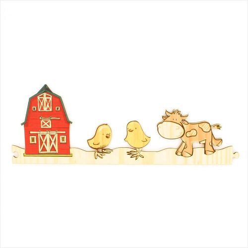 Pine jigsaw strip featuring vibrant barn and playful cow designs, crafted from eco-friendly pine veneer for puzzle fun.