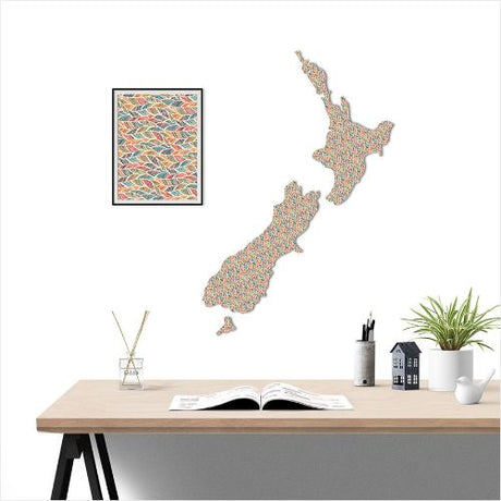 Large New Zealand map wall art featuring a feather pattern, crafted from durable aluminium composite for indoor or outdoor use.