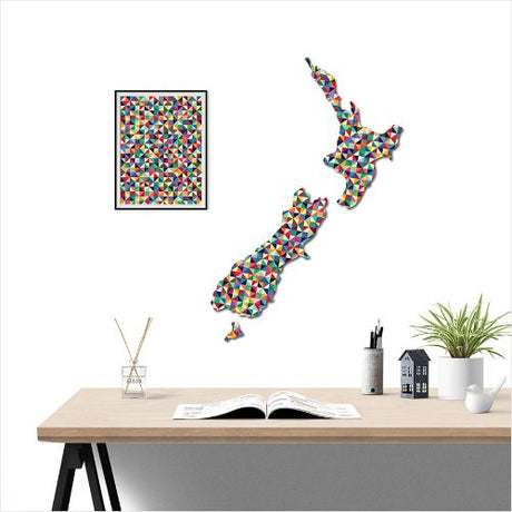 Large geometric NZ map wall art, crafted from durable ACM, perfect for modern home decor and kiwifruit lovers.