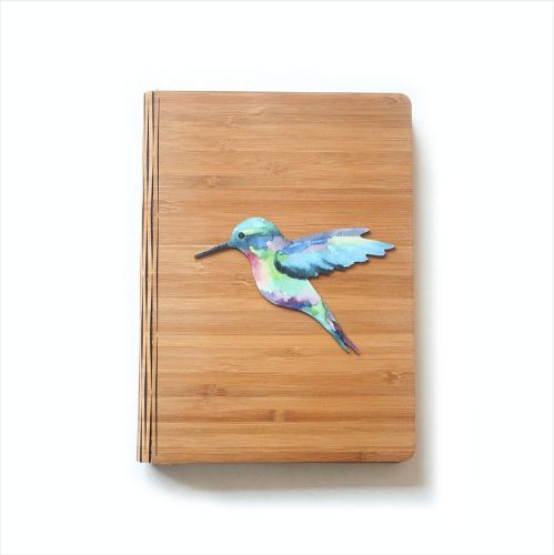 Bamboo Journal featuring a printed hummingbird design, eco-friendly, 175mm x 230mm, with 120 pages of 110gsm cartridge paper.