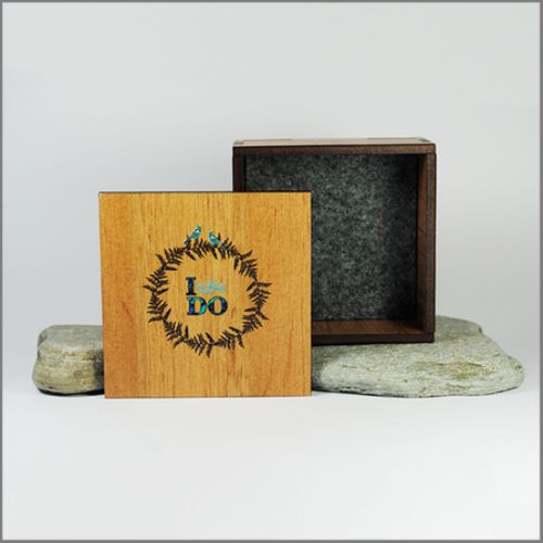 Small square trinket box with fern design and paua inlay, ideal for storing jewelry and mementos, made from NZ veneer.