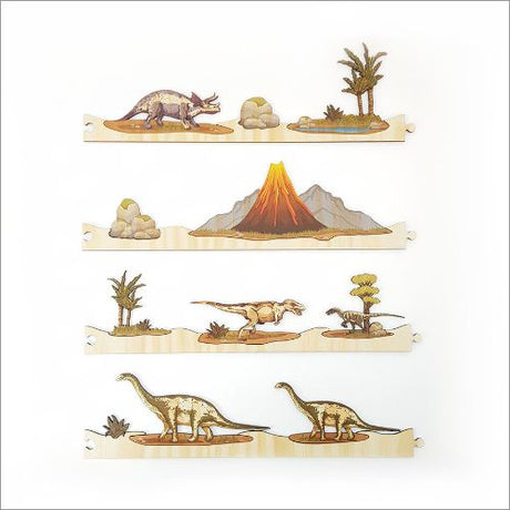 Colorful dinosaur jigsaw strips made from eco-friendly pine veneer, perfect for family fun and imaginative play.