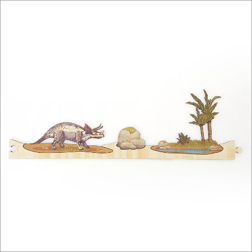 Vibrant dinosaur-themed jigsaw puzzle strips made from eco-friendly pine veneer for fun and educational play.