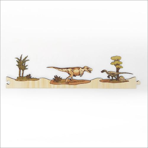 Pine Jigsaw Strip featuring vibrant dinosaur graphics, made from eco-friendly pine veneer for fun, durable play.