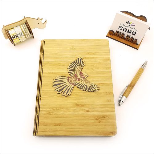 Eco-friendly Bamboo Journal with KWW Fantail print, featuring 120 pages of smooth cartridge paper for writing and sketching.