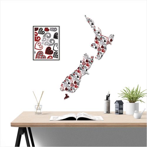 Kiwiana Wall Art featuring a large NZ map with Koru Heart pattern, crafted from durable ACM for indoor and outdoor display.