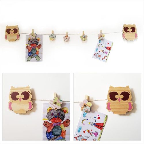 Owl-shaped art peg in eco-friendly pine for displaying kids' artwork and memories, measuring 110mm x 120mm.