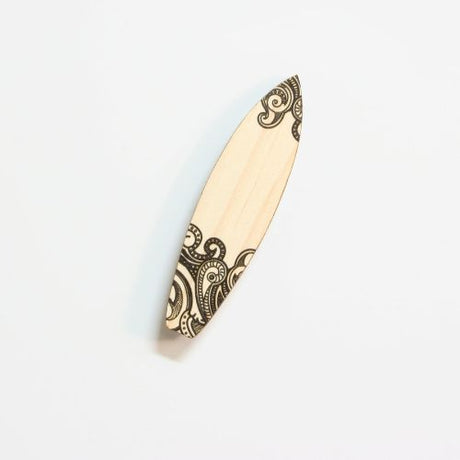 Kowhaiwhai surfboard mini shapes in eco-friendly pine veneer, ideal for decor, crafts, and gifts, celebrating Kiwiana culture.