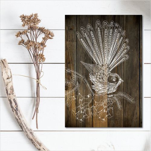 Kiwiana wall art featuring a detailed fantail design on eco-friendly plywood, perfect for adding charm to any space.