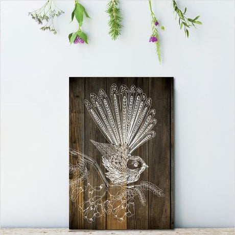 Kiwiana Wall Art featuring a charming Fantail on eco-friendly plywood, perfect for adding Kiwi culture to any room.