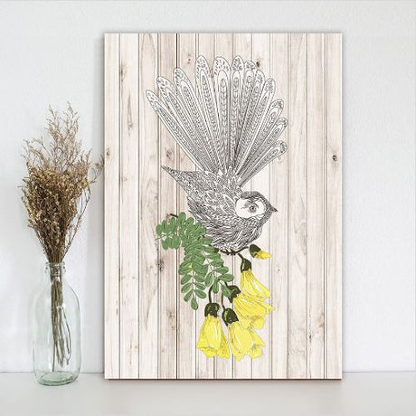 Kiwiana Wall Art featuring a Fantail bird, crafted from eco-friendly plywood, ready to hang, size 288mm x 420mm.