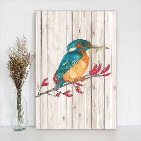 Kiwiana wall art featuring a vibrant Kingfisher print on eco-friendly plywood, ideal for home decor.