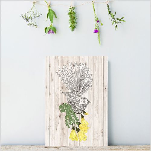 Kiwiana Wall Art featuring a colorful fantail bird, crafted from eco-friendly plywood, ready to hang and perfect for any decor.