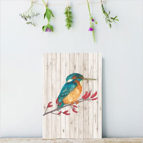 Small rectangular wall art featuring a vibrant kingfisher, printed on lightweight plywood, ready to hang.