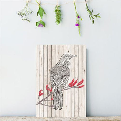 Kiwiana wall art featuring a Tui bird, printed on lightweight plywood, 205mm x 288mm, ready to hang with eco-friendly certification.