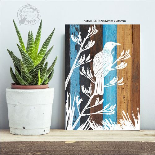 Kiwiana wall art featuring a vibrant Tui design on lightweight plywood, perfect for enhancing any room's decor.