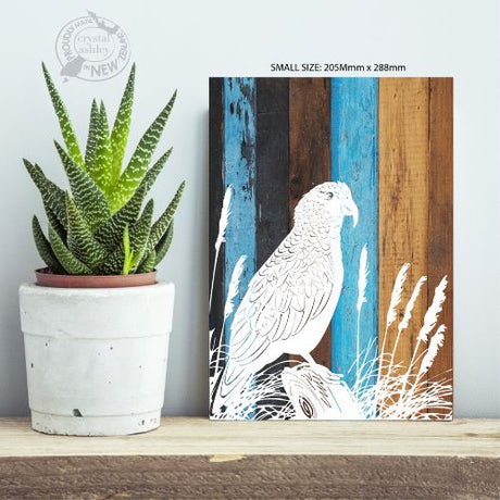 Kiwiana wall art featuring a vibrant Kea design on eco-friendly plywood, ready to hang in any room.