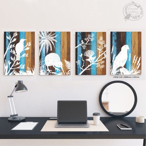 Kiwiana wall art featuring a small fantail, printed on durable plywood, perfect for enhancing home decor.