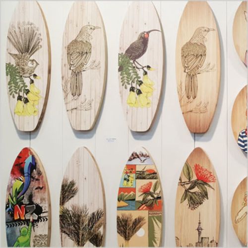 Kiwiana Ply Surfboard Art featuring Auckland's coastline, eco-friendly, ready to hang, vibrant decor for surf lovers.