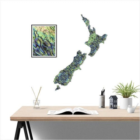 Kiwiana Wall Art featuring a Large NZ Map in vibrant Paua Pattern, crafted from durable Aluminium Composite Material.