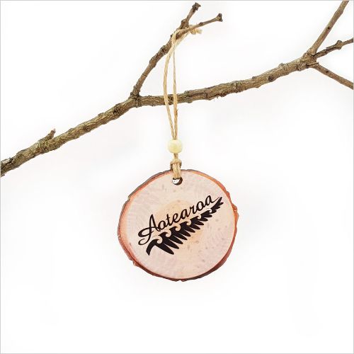 Wood Slice Ornament featuring Aotearoa, crafted from durable wood veneer, ideal for holiday decor or heartfelt gifts.