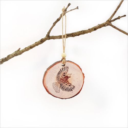 KWW Tui Wood Slice Ornament featuring a unique laser-cut design, eco-friendly, lightweight, printed on both sides.