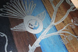 Large Kiwiana Wall Art featuring a fantail bird on aged timber, crafted from durable Aluminium Composite Material.