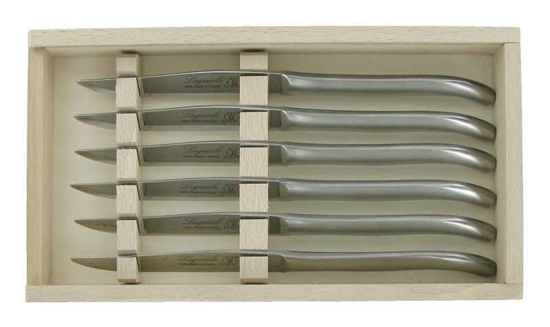 Set of 6 sleek satin finish steak knives with Laguiole design, crafted in France from stainless steel, dishwasher safe.