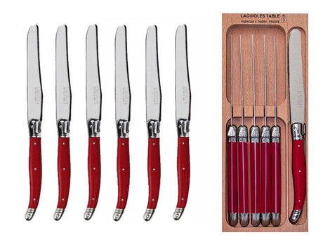 Elegant set of 6 deep red Laguiole table knives with stainless steel blades and luxurious resin core handles, featuring the Laguiole Bee.