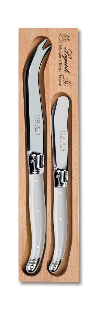 Two Piece Cheese Set by Andre Verdier Laguiole featuring stainless steel blades and stylish resin handles, perfect for serving cheese.