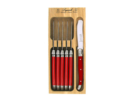 Set of 6 bright red Andre Verdier Laguiole spreaders with stainless steel blades and resin handles, featuring the Laguiole Bee.