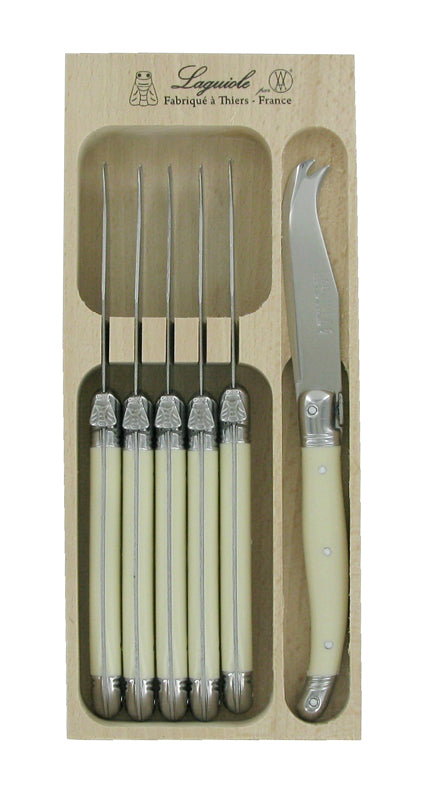 Ivory-handled Laguiole cheese knife set of 6, perfect for slicing soft and hard cheeses, dishwasher safe, elegant design.