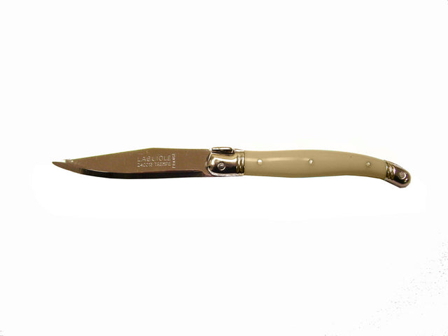Set of 3 luxurious fruit knives by Andre Verdier, featuring stainless steel blades and colorful resin handles with Laguiole Bee emblem.