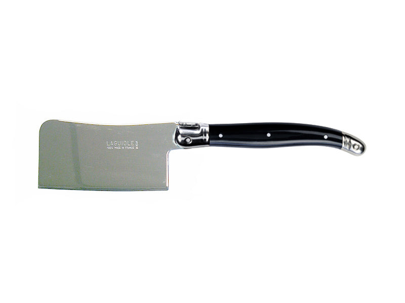 Set of 3 Andre Verdier cheese cleavers with stainless steel blades and colorful resin handles, featuring the Laguiole Bee.