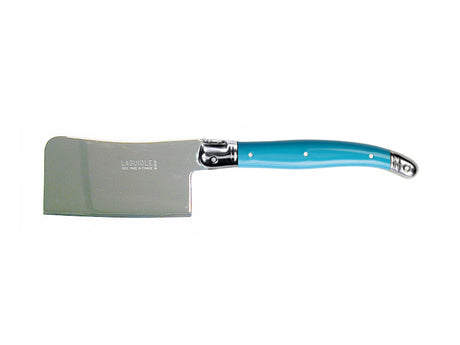 Set of 3 blue Andre Verdier cheese cleavers with stainless steel blades and colorful resin handles, featuring Laguiole Bee emblem.