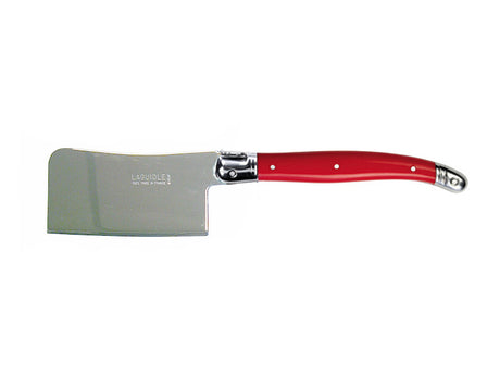 Set of 3 vibrant cheese cleavers by Andre Verdier, stainless steel blades, colorful resin handles, and Laguiole Bee emblem.