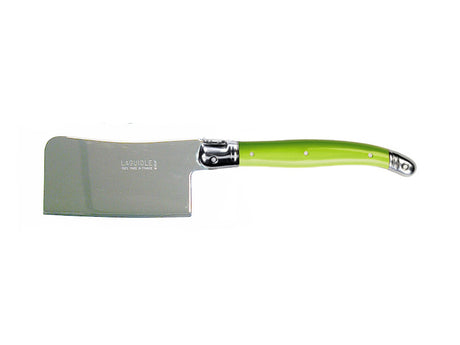 Set of 3 Andre Verdier cheese cleavers with colorful resin handles and stainless steel blades, featuring the Laguiole Bee emblem.