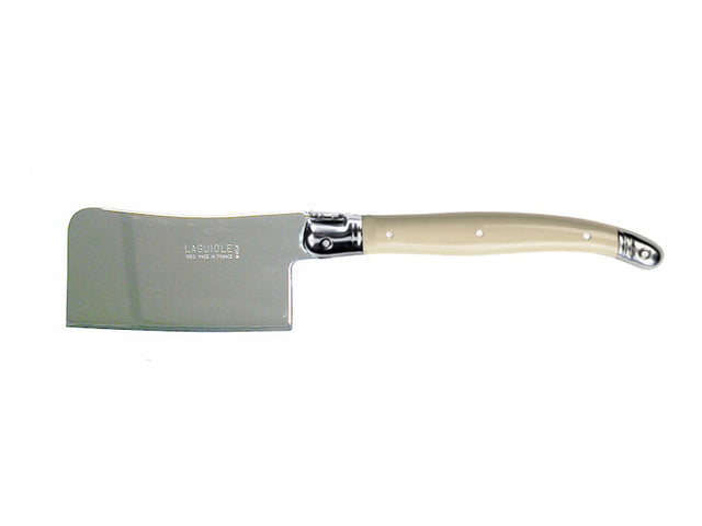 Set of 3 luxurious cheese cleavers by Andre Verdier, featuring stainless steel blades and colorful resin handles with Laguiole Bee.