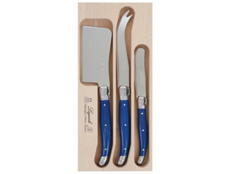 Elegant Verdier Cheese Set in Navy with stainless steel tools and resin handles, featuring the Laguiole Bee, in a wooden gift tray.