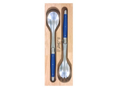 Navy salad server set with stainless steel and resin handles, featuring the Laguiole Bee, elegantly packaged for gifting.