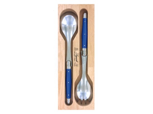 Navy salad server set with stainless steel and resin handles, featuring the Laguiole Bee, elegantly packaged for gifting.