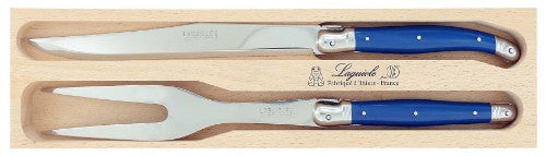 Premium navy carving set featuring stainless steel blades and resin handles, perfect for slicing meat with elegance and ease.