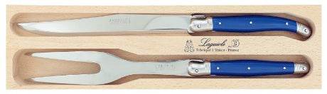 Premium navy carving set featuring stainless steel blades and resin handles, perfect for slicing meat with elegance and ease.