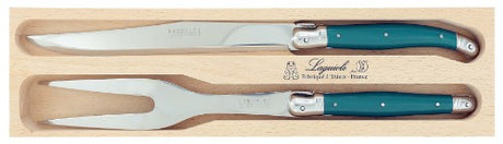 Teal Verdier Carving Set with stainless steel blades and vibrant resin handles, featuring the Laguiole Bee, packaged in a wooden tray.